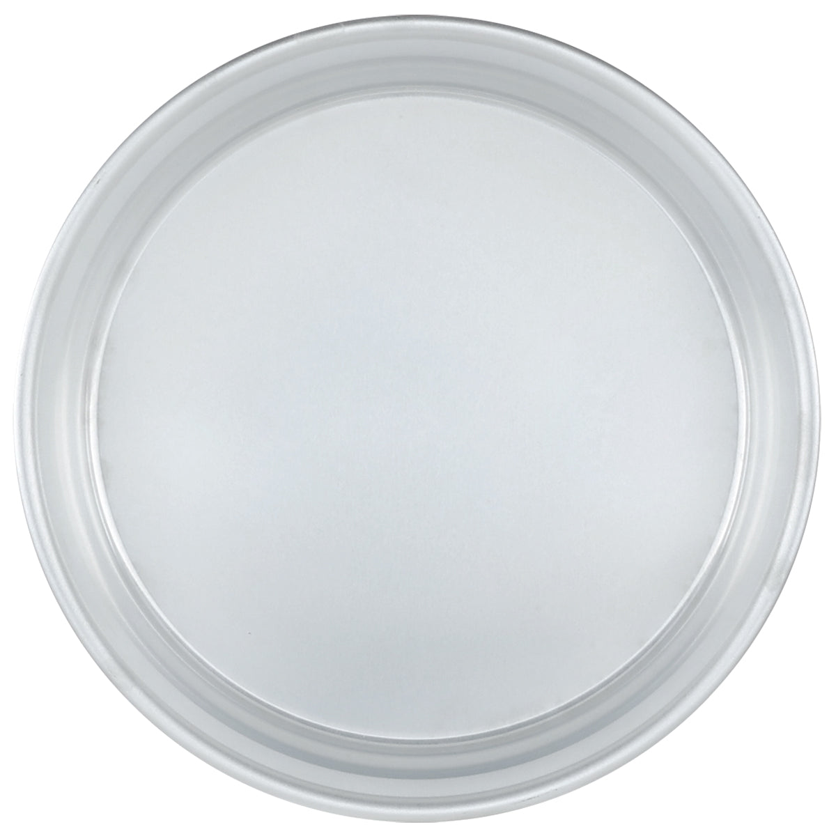A round, plain, aluminum tray viewed from above. The smooth, flat surface has a slightly raised rim and no decorations or patterns. Ideal as a stackable dough proofing pan, it sits on a white background.