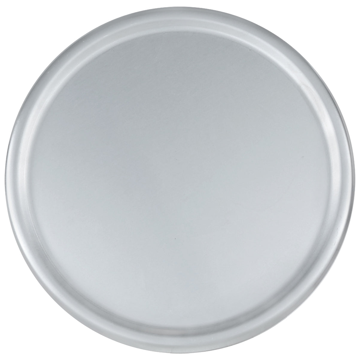 A plain, round, silver aluminum tray with a slightly raised edge is centered on a white background. This Chef Approved tray features a smooth, unadorned surface, perfect as a dough proofing pan lid or for versatile kitchen use.