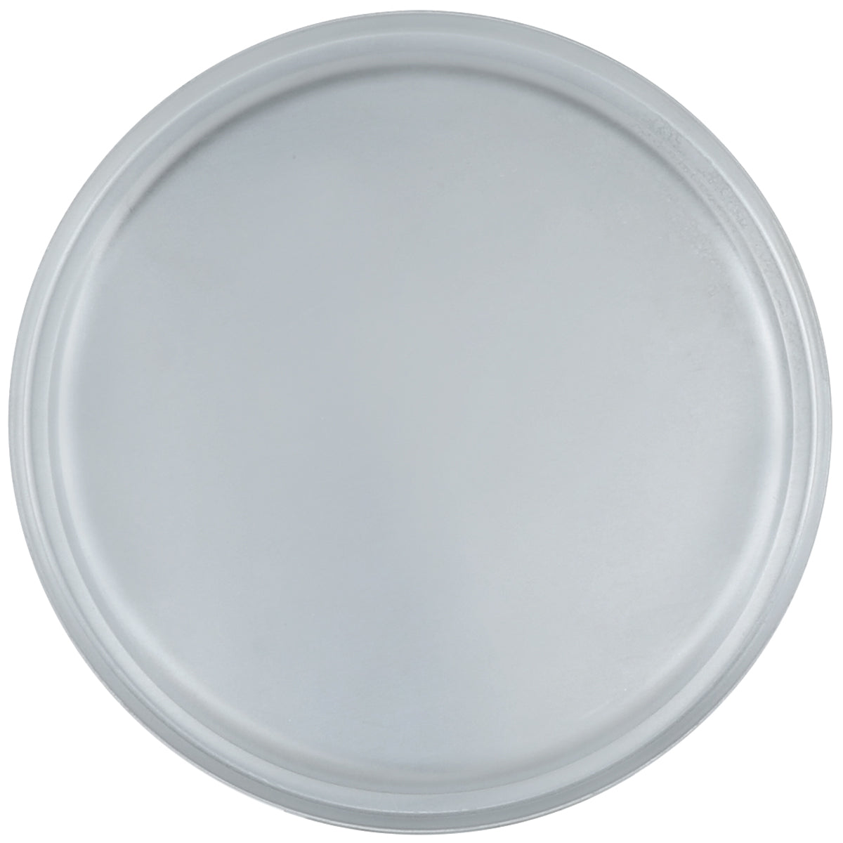 A round, plain, aluminum tray with a raised edge, shown from a top-down view against a white background. The smooth, unadorned surface reflects light evenly—perfect as a Chef Approved dough proofing pan lid or serving essential.