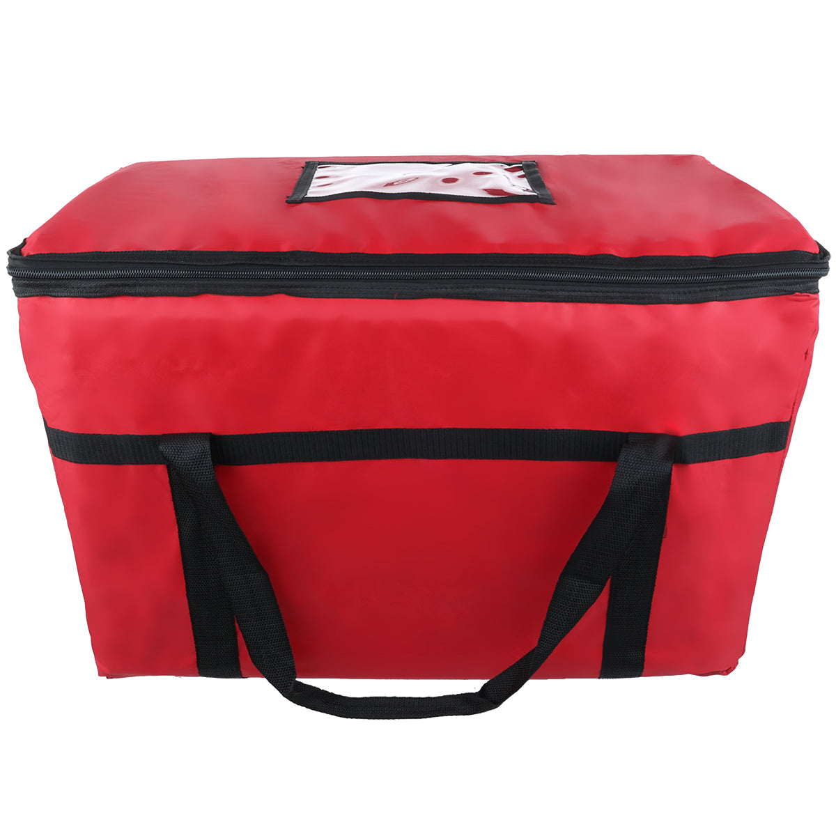A large, rectangular, red insulated carrier with black handles and a zipper closure on top. Chef approved for excellent temperature retention, it features a transparent window pocket on the lid and is shown empty against a plain white background.