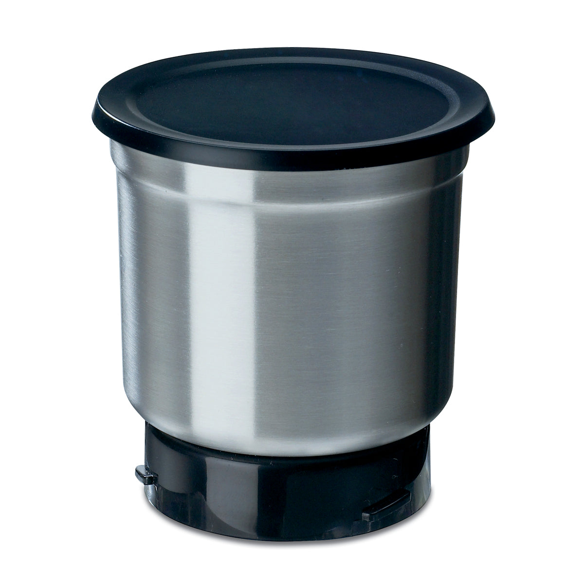 A stainless steel insulated cup with a black storage lid and base, set against a white background. The cup has a smooth, brushed metal finish and cylindrical shape, similar in style to the WSG30 grinding bowl.