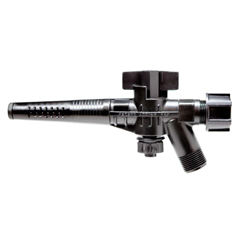 A black plastic irrigation valve, similar to a faucet or Cask Tap, with a horizontal body, ridged grip, and multiple spray holes. It features a large knob on top, threaded connector on the right, and angled outlet below against a white background.