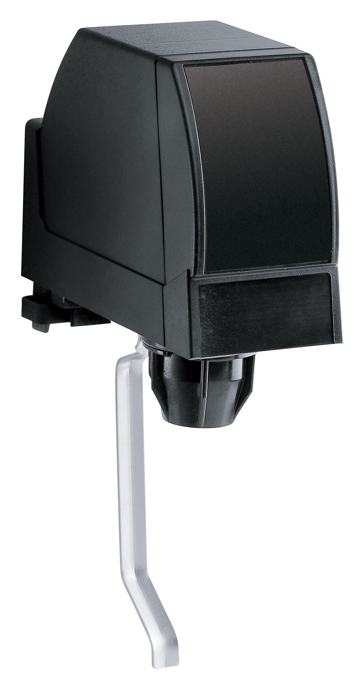 A black, box-shaped electric can opener with a large front cutting mechanism and a silver ssrlever handle, positioned against a plain white background. The device appears modern and compact, designed for countertop use.