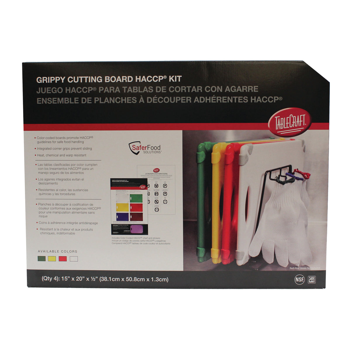 Product box for a TableCraft Grippy Cutting Board HACCP Kit. The dishwasher safe kit features six color-coded cutting boards, a glove, and rack. Text highlights easy cleaning, color chart, and branding in English, Spanish, and French.