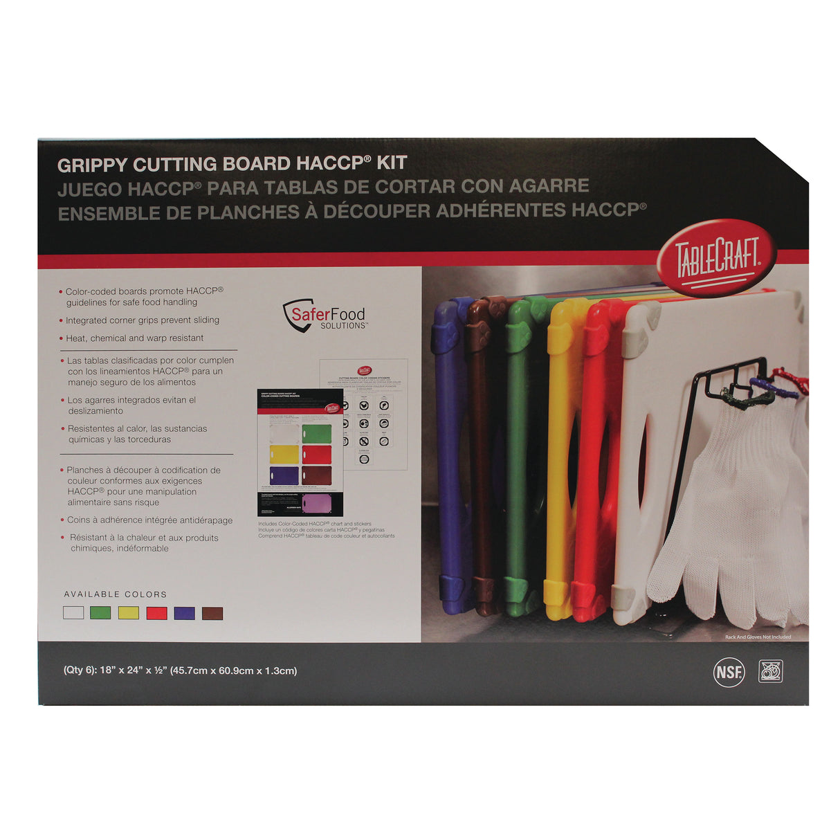 The image shows TableCraft’s Grippy HACCP Cutting Board Kit packaging, displaying six color-coded, dishwasher safe cutting boards with matching corner grips, a pair of white gloves, and a rack. Text appears in English, Spanish, and French.
