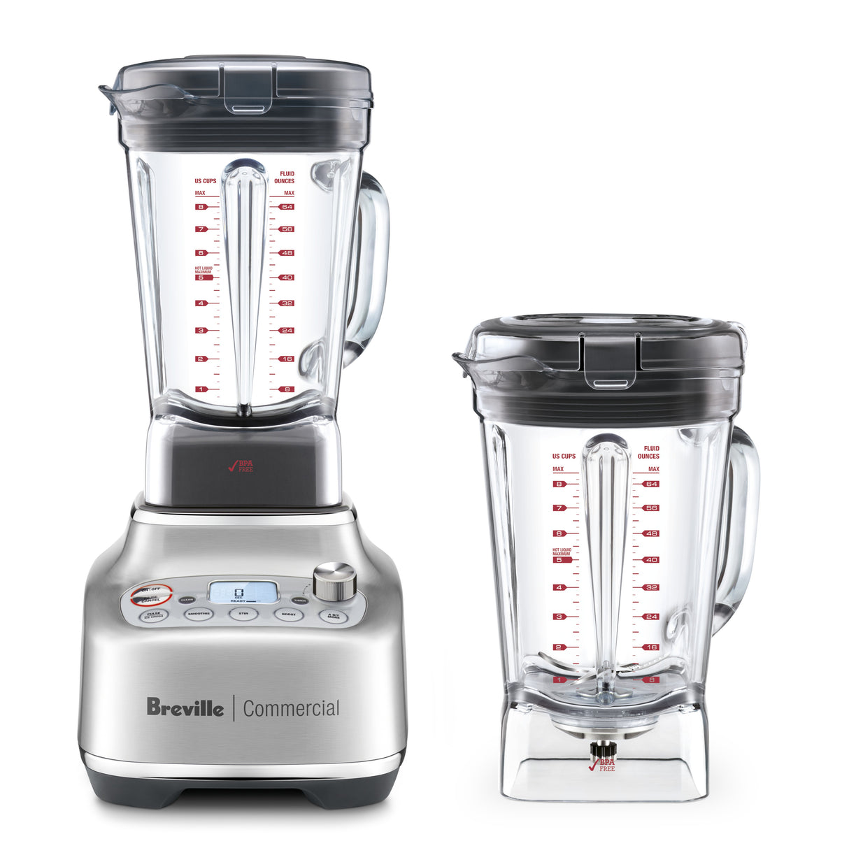A stainless steel Breville Commercial Super Q Pro Blender with a digital display, buttons, and dial is shown upright, alongside a spare 68 oz capacity clear plastic jar. Both jars have red measurement markings and handles; the spare jar lies on its side.