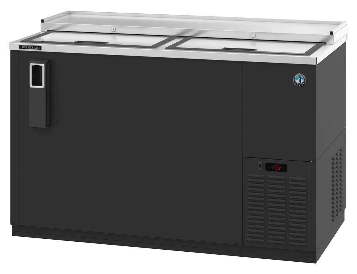 A modern, rectangular Hoshizaki CC50 reach-in bottle cooler featuring a stainless steel top, two sliding glass doors, side handle, digital 3° temperature display, and a vented cooling unit on the lower right front.