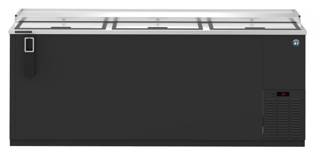 A large, rectangular Hoshizaki CC80 reach-in bottle cooler featuring a black front, stainless steel top, three sliding lids, built-in handle on the left, and digital temperature display on the lower right. Brand logo is on the top right.