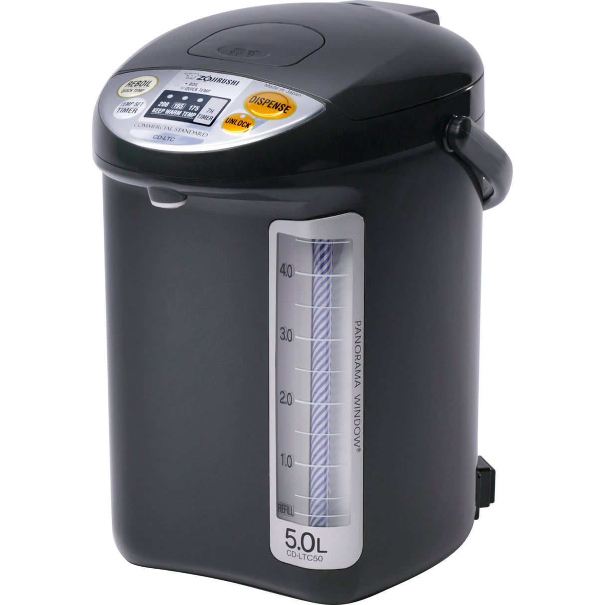 The Zojirushi Water Boiler & Warmer features a 5-liter capacity, a clear Panorama Window for easy viewing, side handle, and top buttons for dispensing and temperature control—making it both practical and stylish.