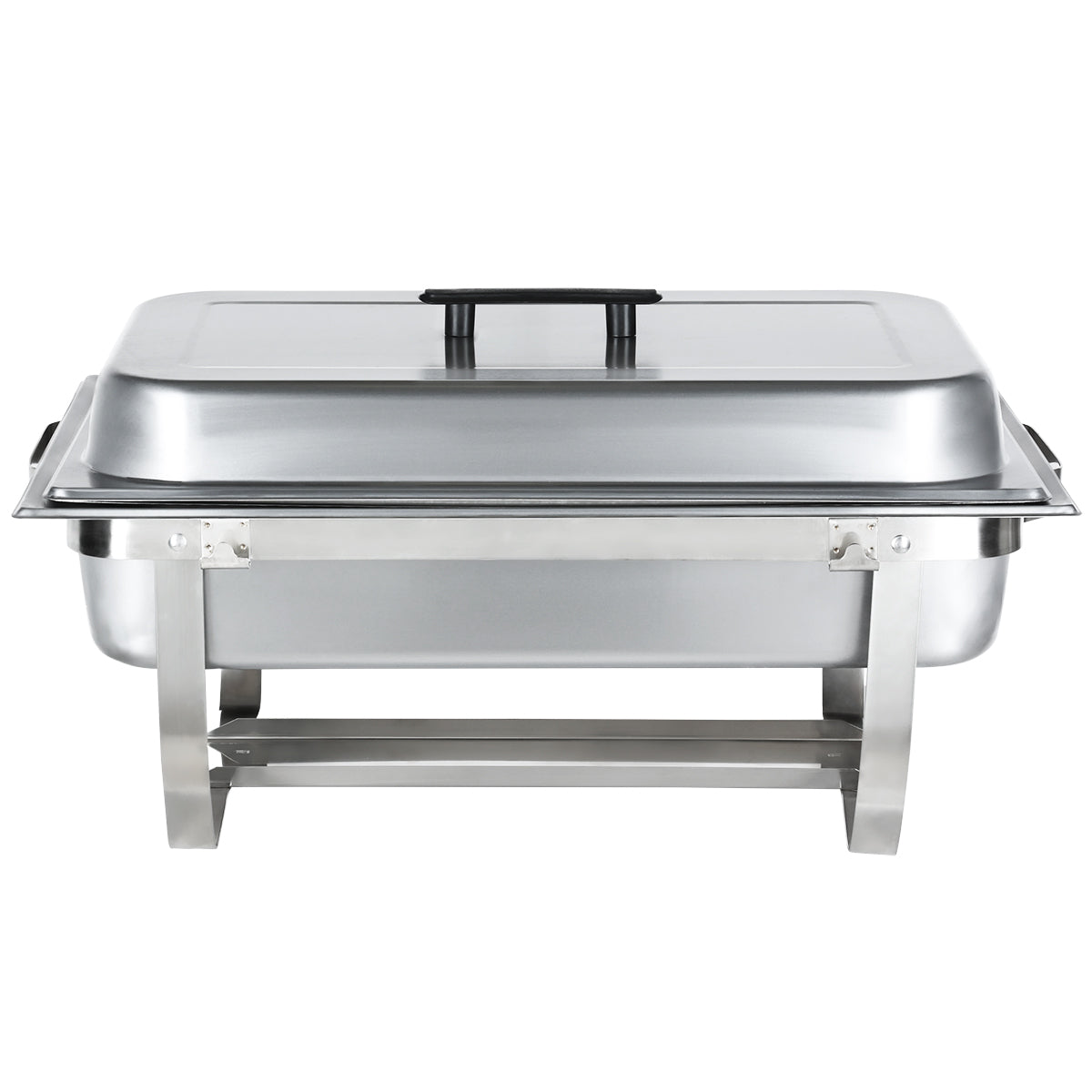 A full size stainless steel rectangular chafing dish with a lid and black handles, supported by a sturdy folding frame. Perfect for serving hot food at buffets or events, the image shows this chafing dish from the front.