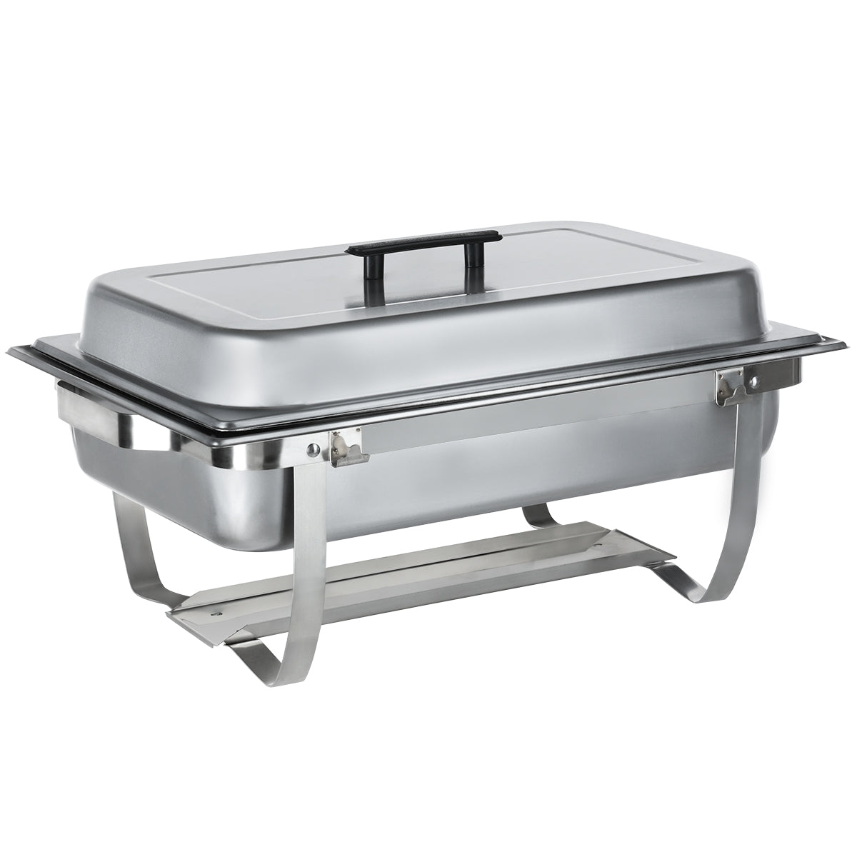 A full size stainless steel chafing dish with a fitted lid and black handle, designed for buffet use. The dish stands on a sturdy folding frame with curved legs and includes a lower shelf for fuel to keep food warm.