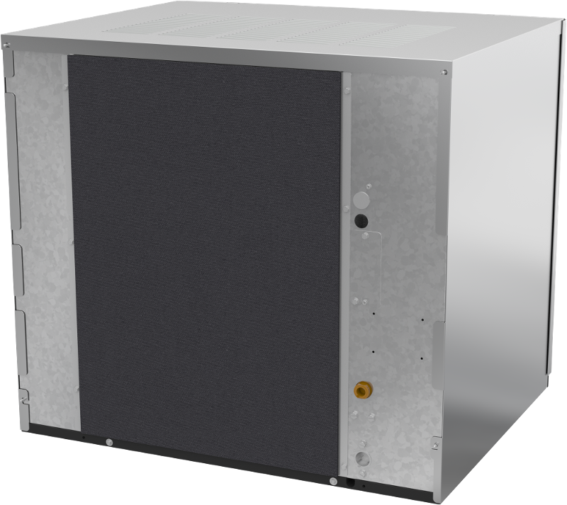 A large, metallic, box-shaped air-cooled HVAC evaporator coil unit with a black mesh panel on the front, several small ports and one brass fitting on the right side. Its utilitarian design resembles that of a modular cube ice maker.