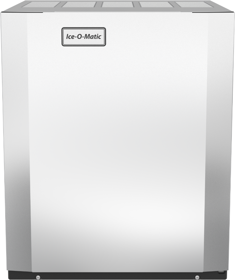 A stainless steel Ice-O-Matic modular cube ice maker with a rectangular shape, flat front panel, and the brand logo centered near the top. The modern, industrial design features a smooth, reflective finish and black accents along the edges.