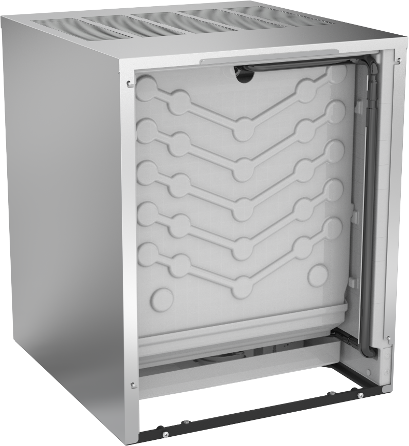 A metallic, box-shaped commercial ice machine with its front panel removed reveals an interior zigzag pattern of channels and circles, likely for refrigerant flow. This modular cube ice maker features a sleek, industrial design with defined edges and top ventilation slots.