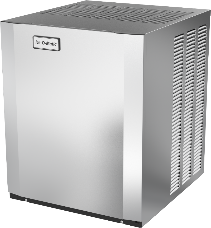 A silver, box-shaped commercial ice machine with a black base and vented side panels. This modular cube ice maker features a small rectangular Ice-O-Matic logo on the front panel and a smooth, metallic surface with a dotted pattern on the vents.