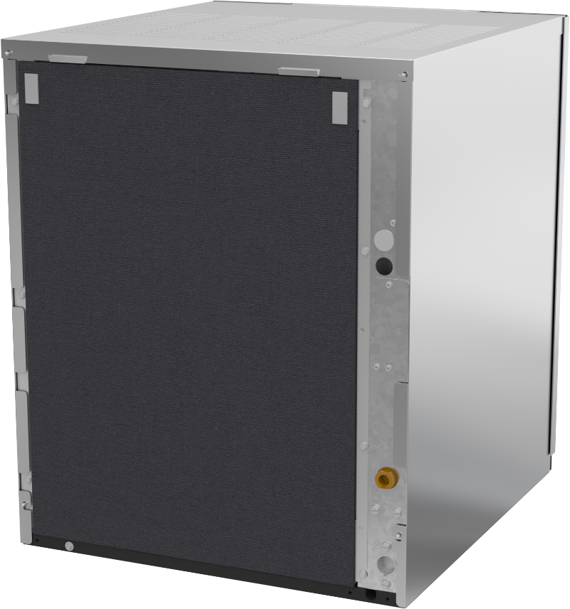 A rectangular metal HVAC air handler, resembling a high capacity ice machine, features a large black front panel, silver-finished exposed sides with ports and fasteners, and vented perforations. The unit stands upright on a plain white background.
