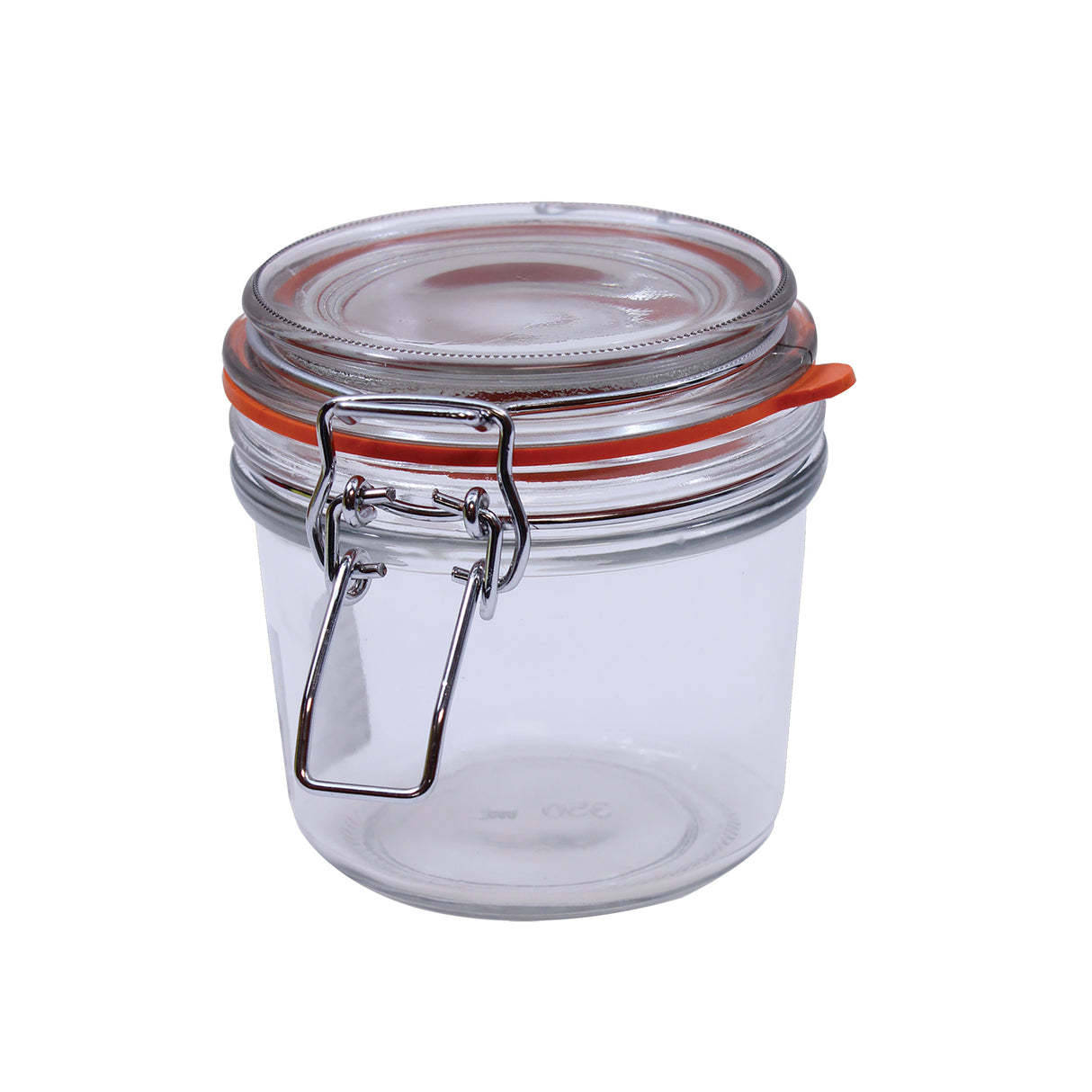 A clear TableCraft Products glass jar with lid features a round shape, metal clasp closure, and an orange rubber gasket. The airtight seal makes it ideal for food storage or as part of a stylish condiment jar set.