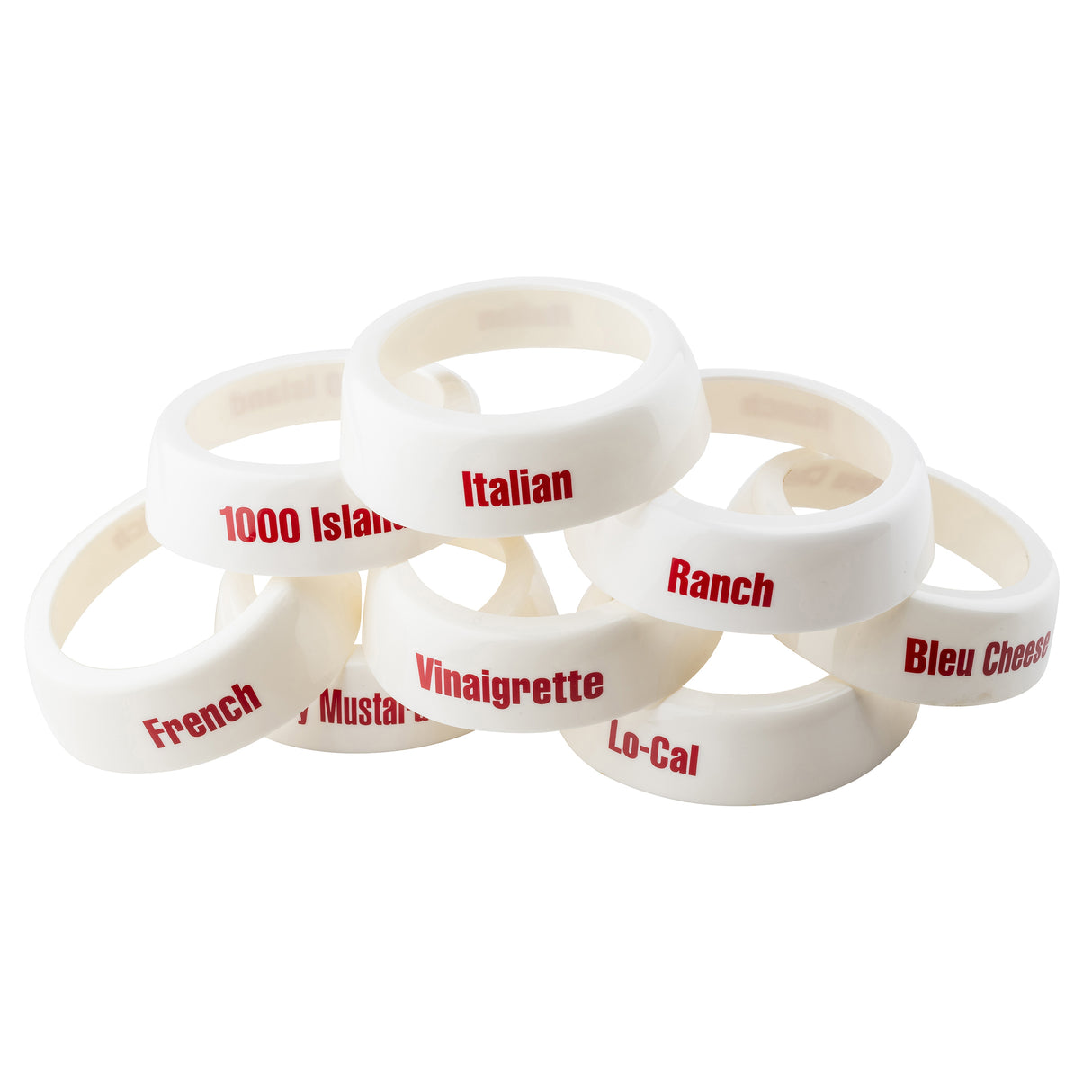 Seven white plastic rings from the TableCraft Products Dispenser ID Collar Set, each with a salad dressing name in red—1000 Island, Italian, Ranch, Bleu Cheese, Lo-Cal, Vinaigrette, and French—stacked pyramid-style on a white background.
