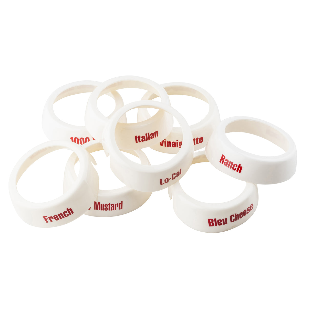 A group of nine white plastic rings from the TableCraft Products Dispenser ID Collar Set, each labeled in red text with various salad dressing names, including Ranch, Bleu Cheese, French, and Italian—a practical white plastic collar solution.