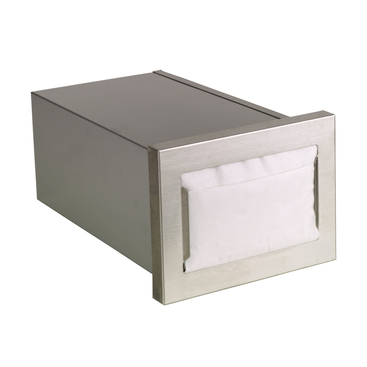 A rectangular stainless steel napkin dispenser holds white napkins visible through an opening in the flat front panel. The metallic box features a simple, modern design with clean lines and a slightly reflective surface. The sides are plain and unadorned.