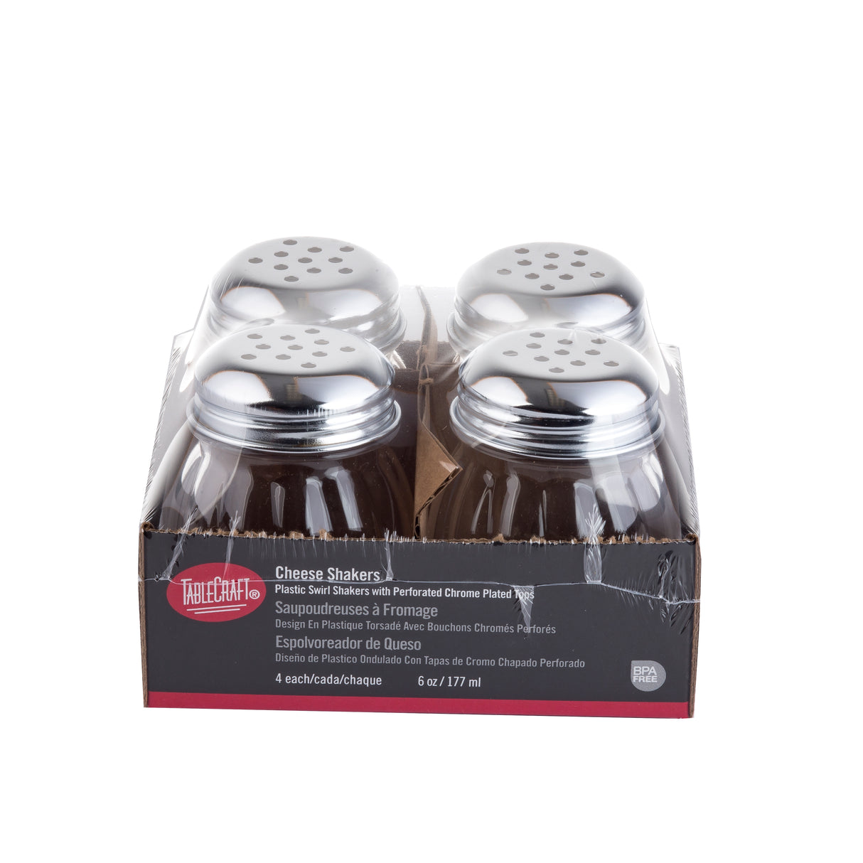 Four polycarbonate cheese shakers with perforated chrome tops are packaged together in a cardboard tray labeled “Cheese Shakers,” featuring product details in English, French, and Spanish, along with the TableCraft brand logo.