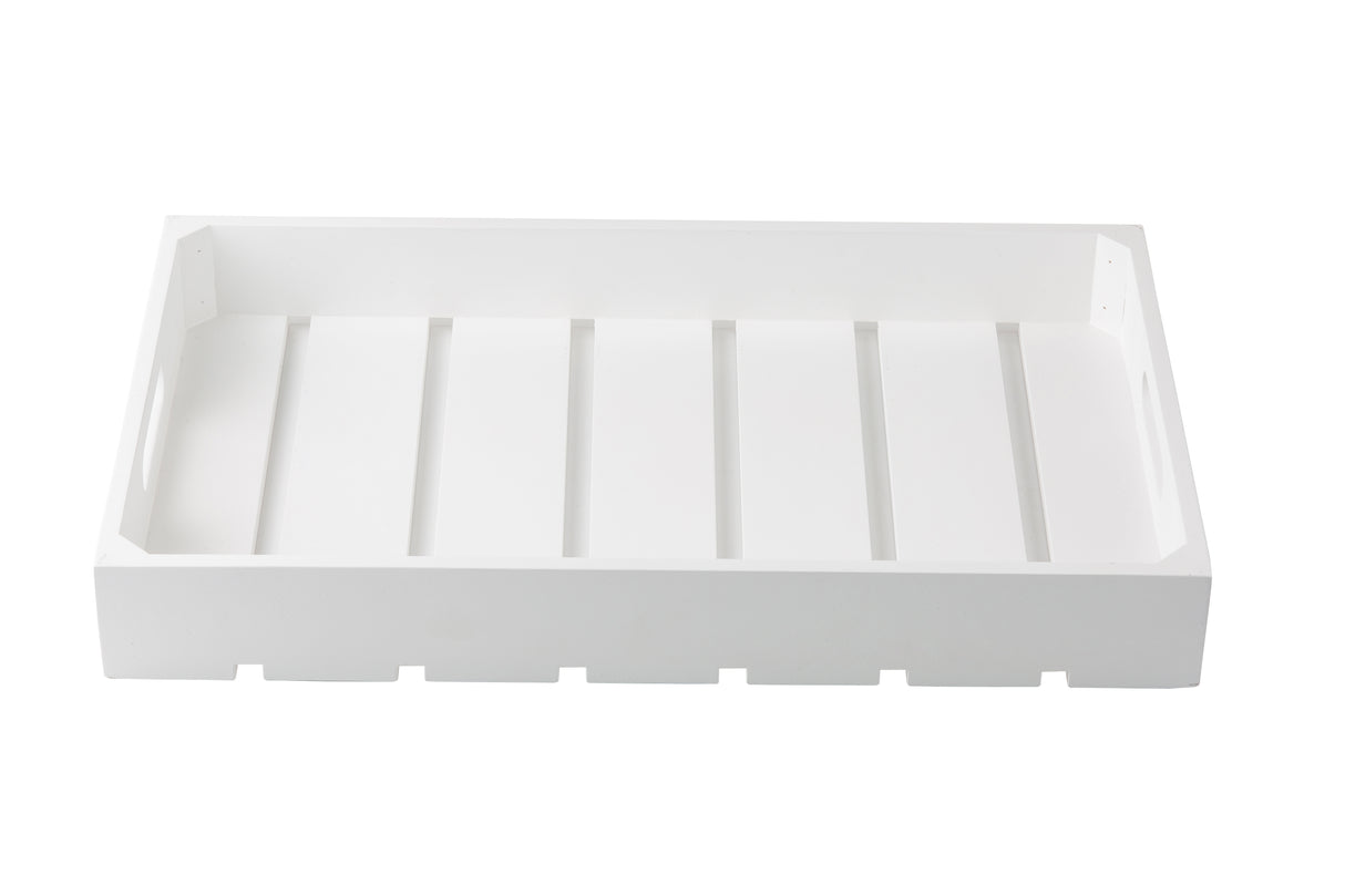 A rectangular, white wooden Gastronorm Crate tray with slatted base and raised sides. The tray features cut-out handles for easy carrying, offering a minimalist, clean design that highlights its simple wood construction against a plain white background.