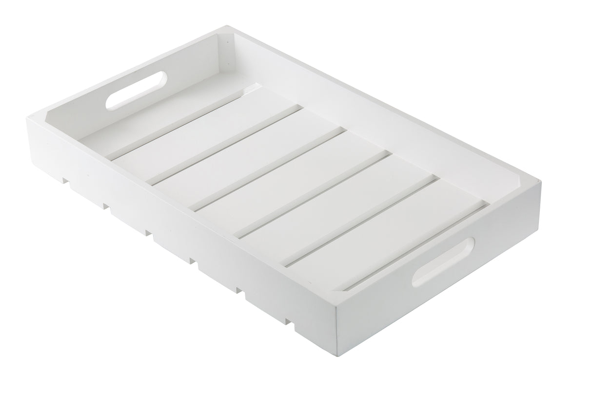 A rectangular full size white wooden serving tray with cut-out handles on two sides. The tray has a slatted wood bottom with five horizontal planks and raised edges, resembling a Gastronorm Crate, angled to show its depth and construction.