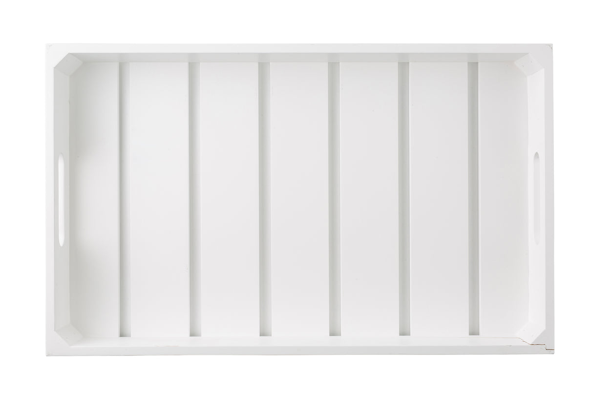 A rectangular white wooden tray with vertical slats inside, inspired by a Gastronorm Crate, featuring cut-out handles on each short side. The full size tray has a simple, clean design and is photographed from above against a white background.