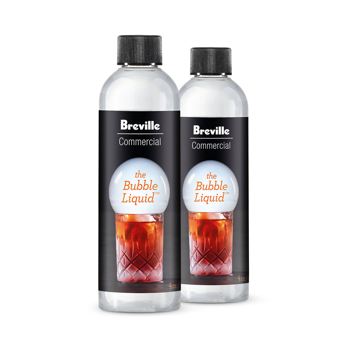 Two clear plastic bottles with black caps, labeled “Breville Commercial the Bubble Liquid,” stand side by side. Each label shows a glass with fizzy dark liquid and ice—perfect as a Smoke Bubble Liquid Refill for your Smoke Bubble Kit.