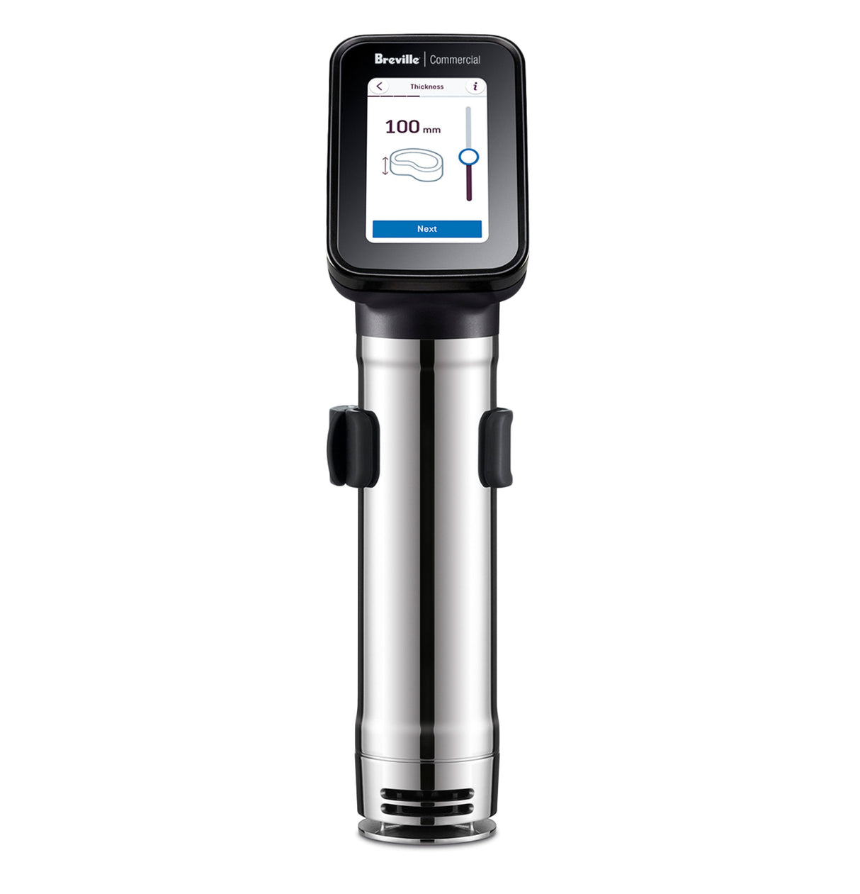 A stainless steel Breville Commercial Sous Vide Immersion Circulator with a digital display shows cooking settings, including “Breville Commercial” at the top and a 100-minute timer. The device stands upright on a white background.
