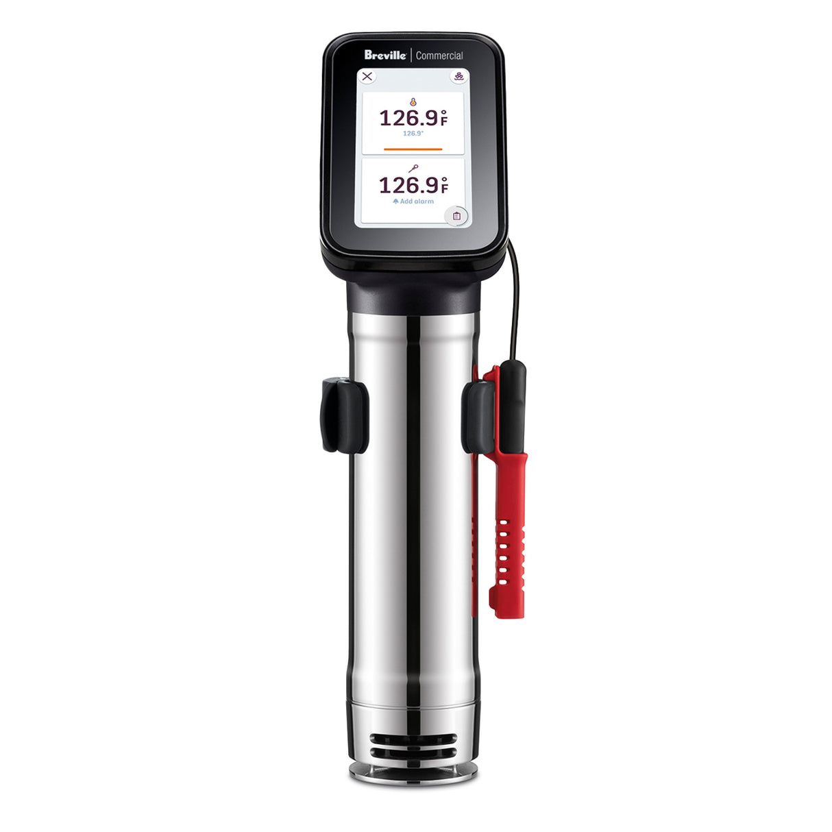 A sleek Breville Commercial Sous Vide Immersion Circulator with a digital display showing 126.9°F. The stainless steel HydroPro Plus features a black touchscreen top and a red clamp for secure pot attachment.