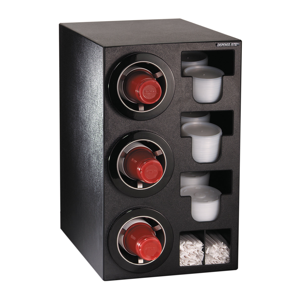 A black countertop organizer, designed as a cup dispensing cabinet, holds stacks of red disposable lids, clear plastic cups, and white stirrers—neatly arranged for convenient access in any beverage station setting.