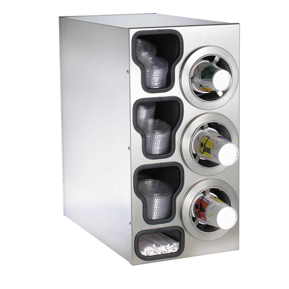 This stainless steel cup dispenser features three rows for cups on the left, three horizontal slots for paper towel or cup rolls with white caps on the right, and a bottom compartment that neatly stores white plastic stirrers.