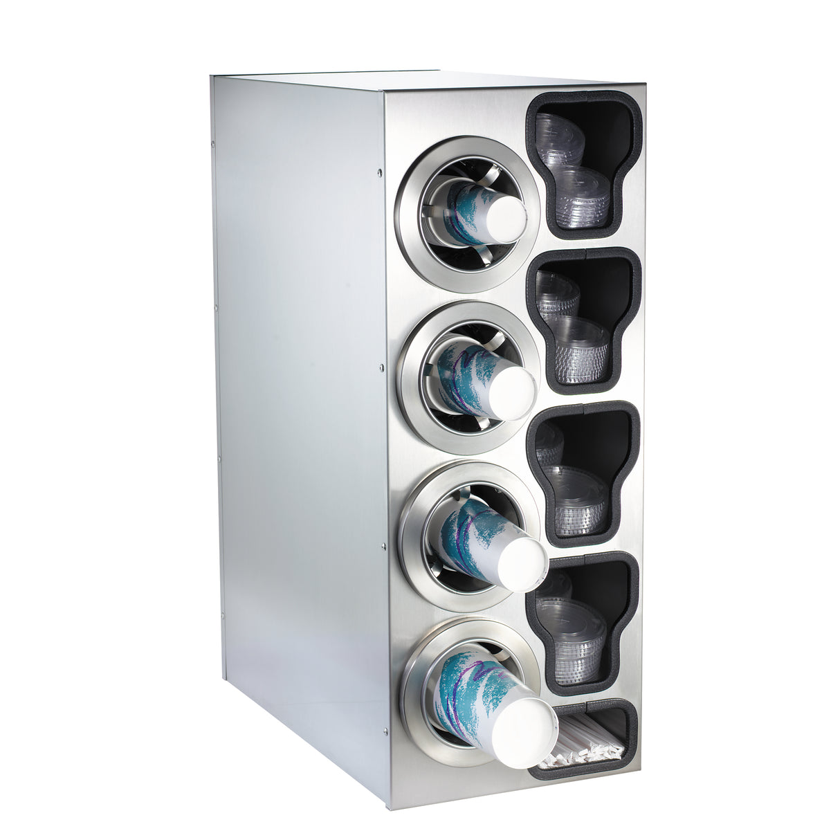A stainless steel cup dispenser features four horizontal slots for different cup sizes, each with a cup partially inserted for easy access. On the right, a cup dispensing cabinet provides four vertical compartments for organized lid storage.