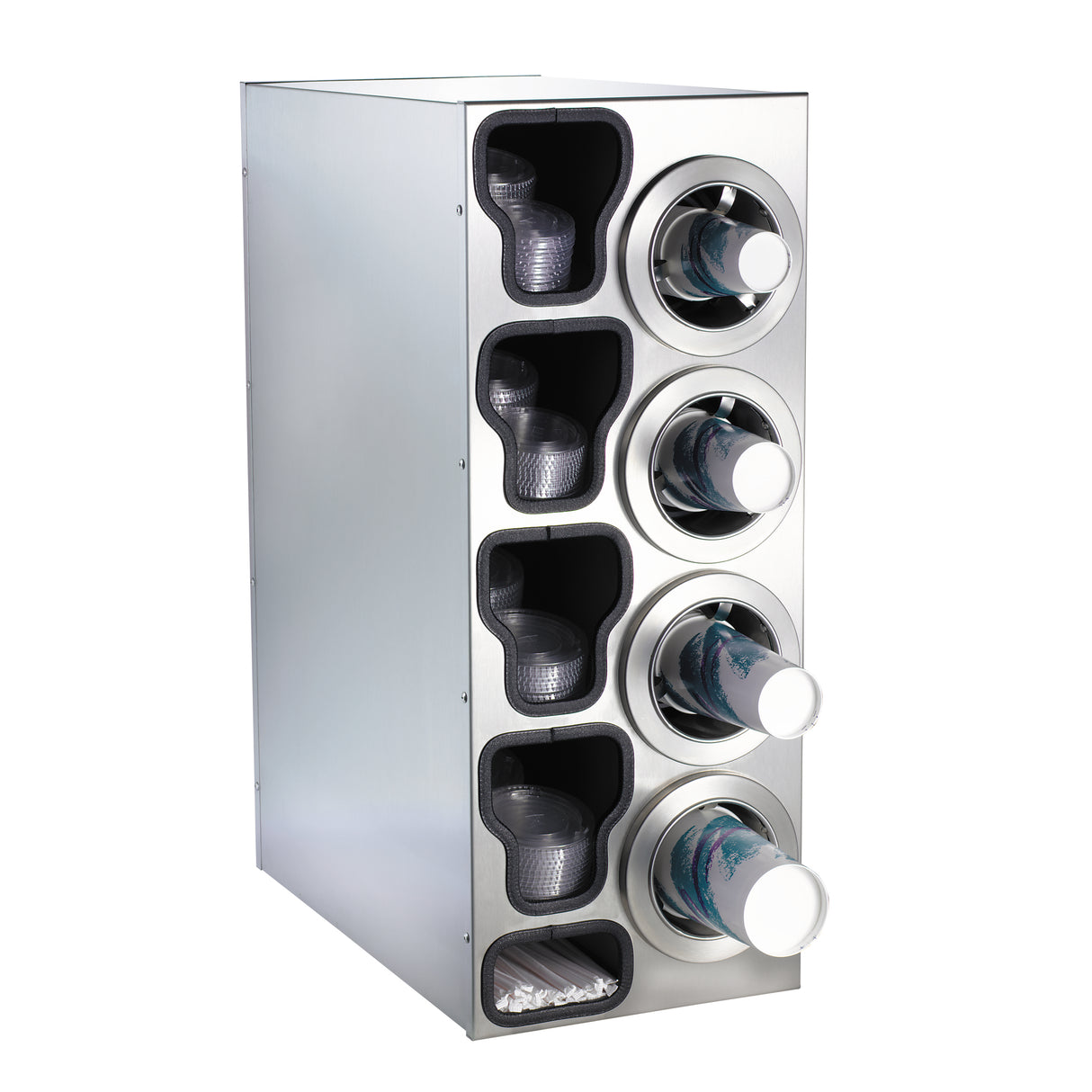 A stainless steel cup dispensing cabinet holds five stacks of plastic cups on the left and four NSF cup dispensers on the right, each filled with paper cups with blue designs, all horizontally oriented and ready for dispensing.