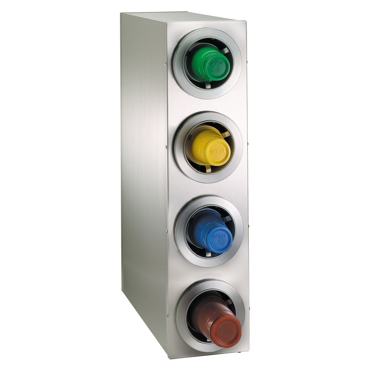 A stainless steel cup dispenser holds four colored cup lids stacked vertically: green at the top, followed by yellow, blue, and brown. Each lid is partially visible and fits snugly in the circular opening of this sleek cup dispensing cabinet.