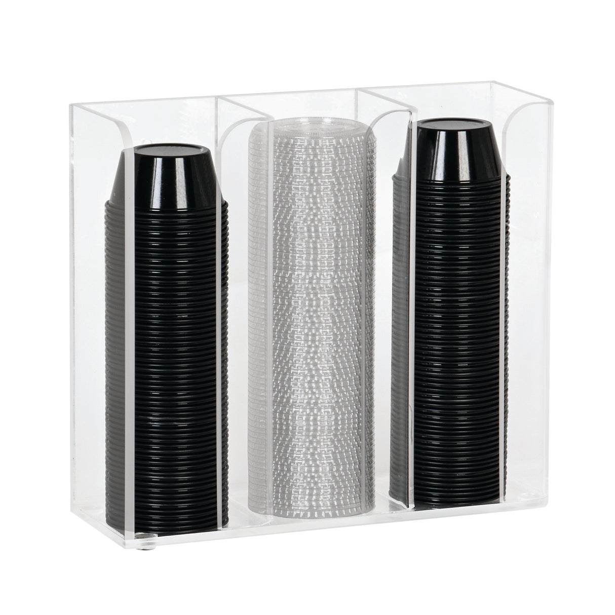 A clear acrylic countertop organizer holds three vertical stacks of disposable cups: two stacks of black plastic cups on the left and right, and one stack of translucent, textured plastic cups in the center. The holder is rectangular with open top and front.