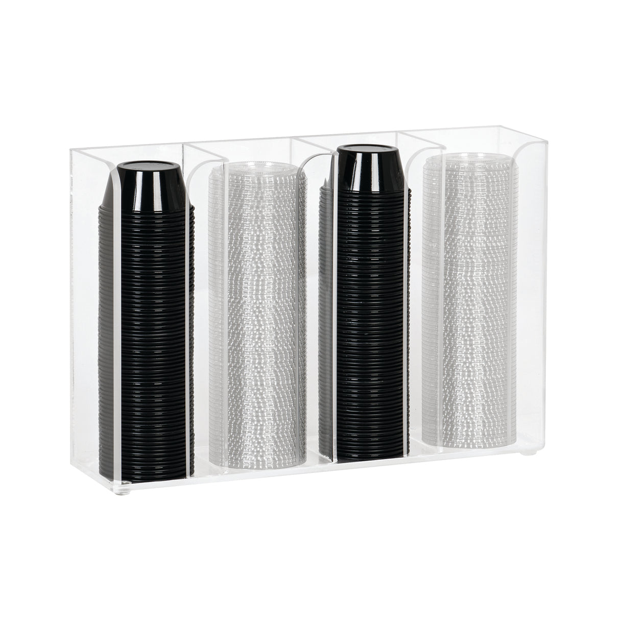 A clear acrylic countertop organizer holds four vertical stacks of disposable cups—black in the first and third sections, transparent in the second and fourth—all neatly arranged against a plain white background.