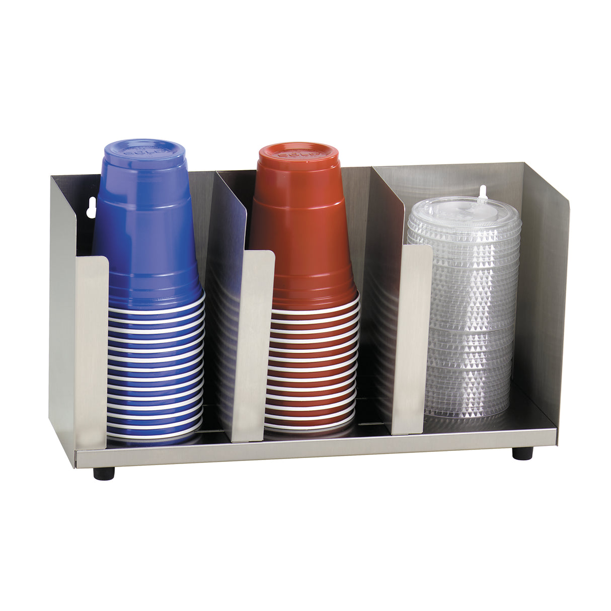 A stainless steel Lid/Cup Organizer holds three stacks of cups—blue on the left, red in the middle, and clear plastic cups with lids on the right. The adjustable dispenser sits on small black feet against a white background.