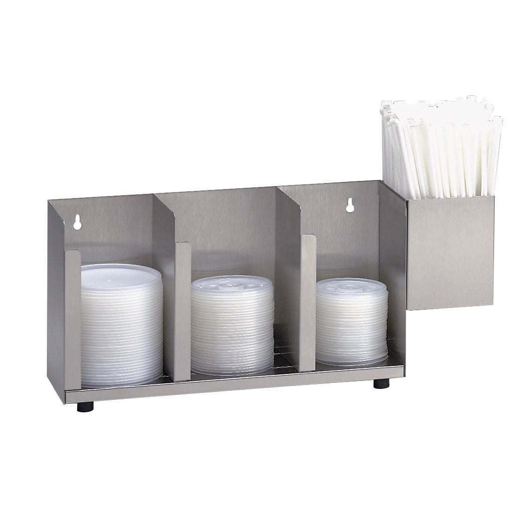 An adjustable stainless steel lid/cup organizer with four sections: three for stacks of white plastic lids in various sizes, plus a convenient straw attachment on the right. Features rubber feet and wall-mounting holes for versatile use.