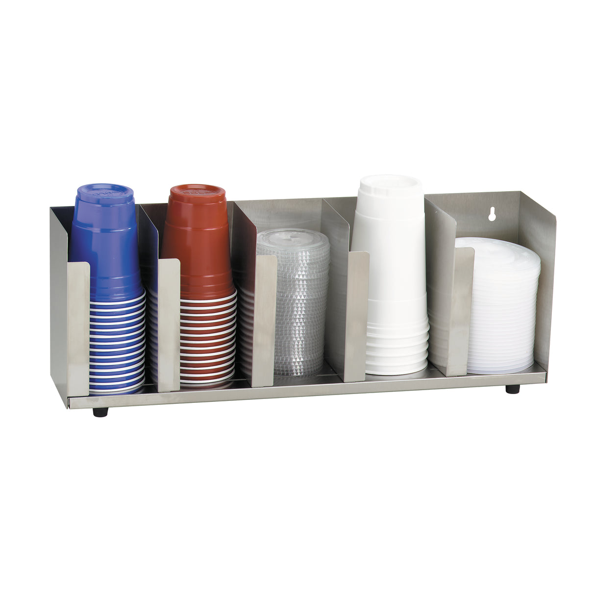 An adjustable stainless steel lid cup organizer holds four stacks of disposable cups—blue, red, clear, and white—each in its own compartment. The cups are neatly arranged, and the organizer rests on a flat surface.