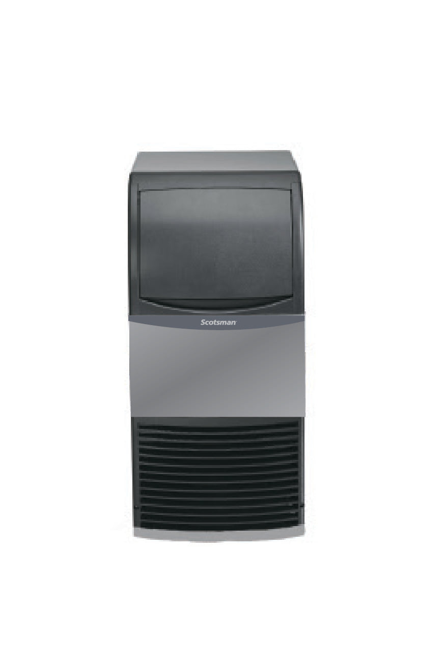 A front view of a Scotsman ice maker shows a black top panel, silver middle section with branding, and a black vented grille at the bottom. This undercounter ice maker is set against a plain white background.