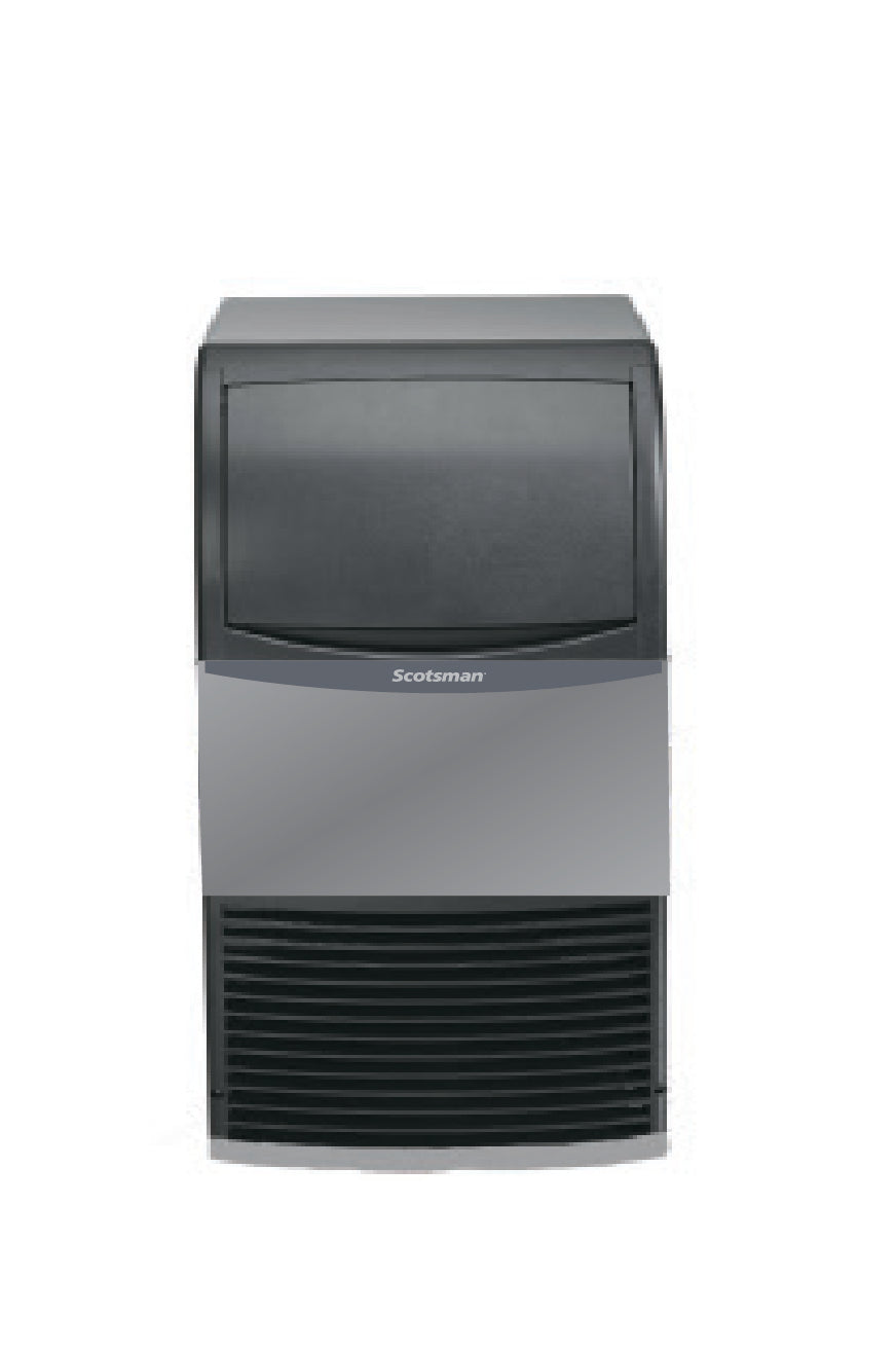Front view of a Scotsman Ice Maker. The appliance is rectangular, with a black top section including the ice dispenser door, a silver middle displaying the Scotsman logo, and a vented black lower section. This undercounter ice maker stands against a plain white background.