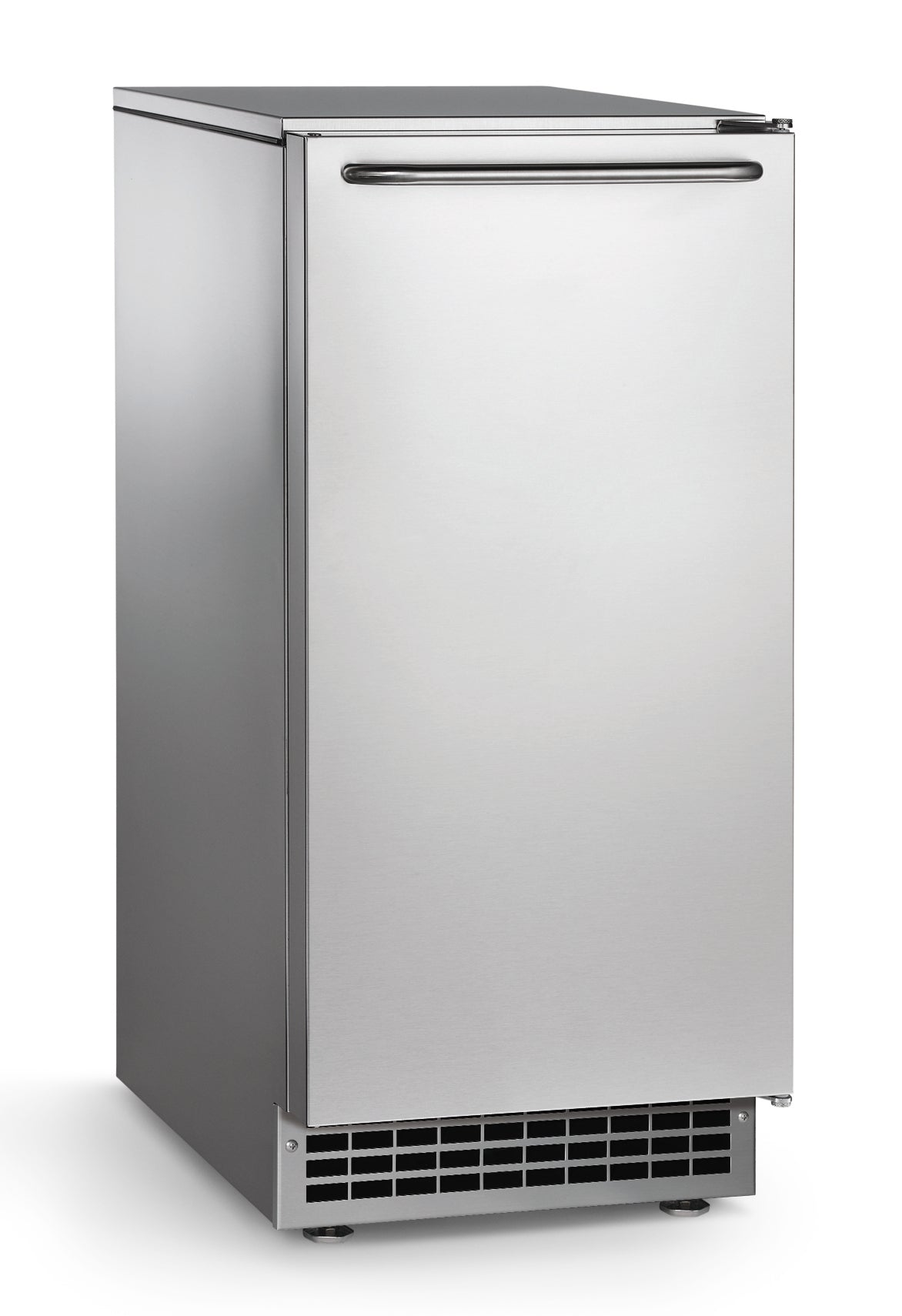 A tall, narrow stainless steel Scotsman undercounter ice maker with a sleek front door and horizontal handle near the top. The lower front section has a black vented grille. This modern appliance can create gourmet cube ice and stands alone on a white background.