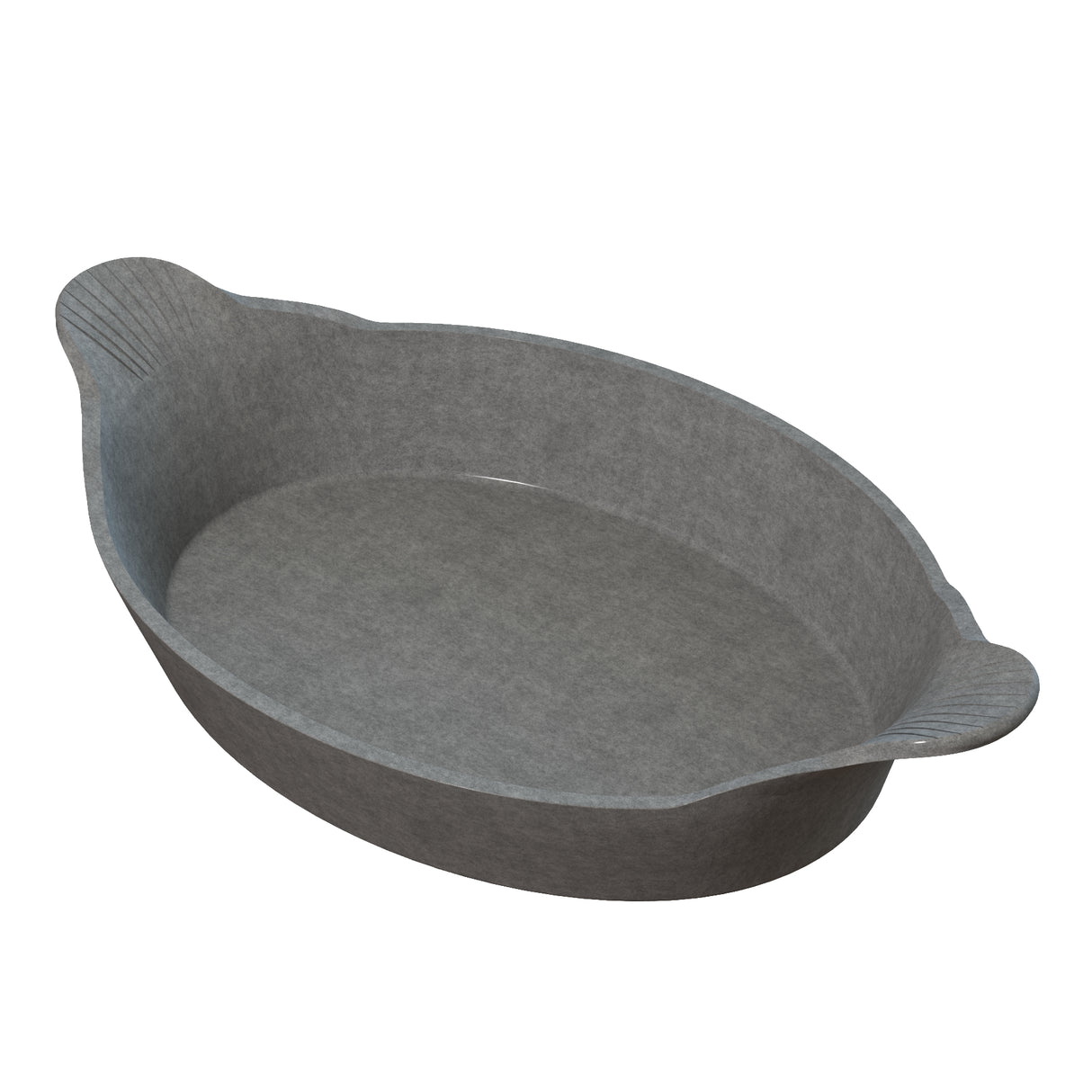 A gray, oval-shaped Au Gratin baking dish with two small handles on each end. Made from cast aluminum, its smooth surface and slightly raised edges offer style and function. The empty dish rests on a white background.