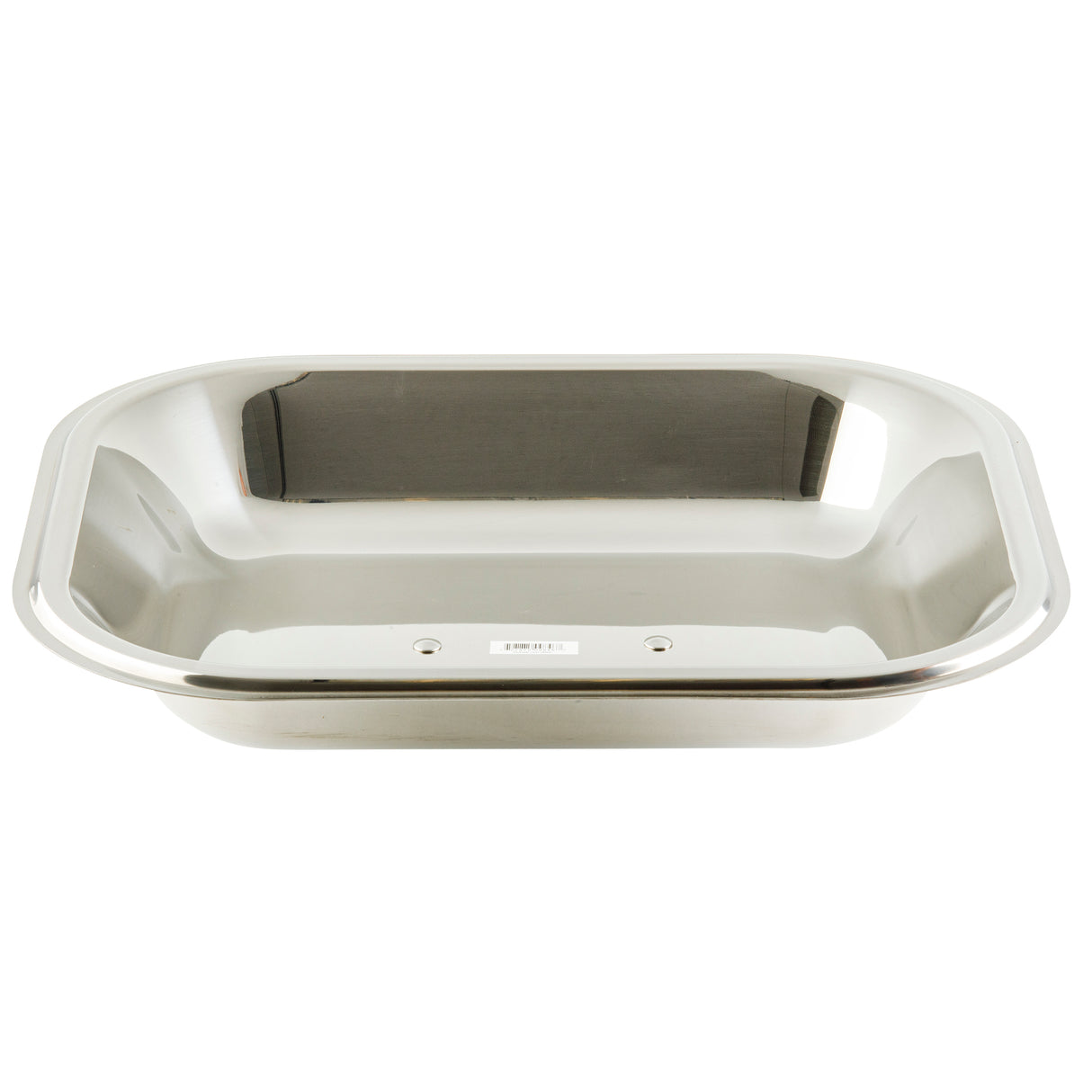 A shiny, rectangular stainless steel tray with rounded edges and a shallow depth, viewed from above at a slight angle. The surface is reflective and smooth, with a plain, utilitarian design that is dishwasher safe.
