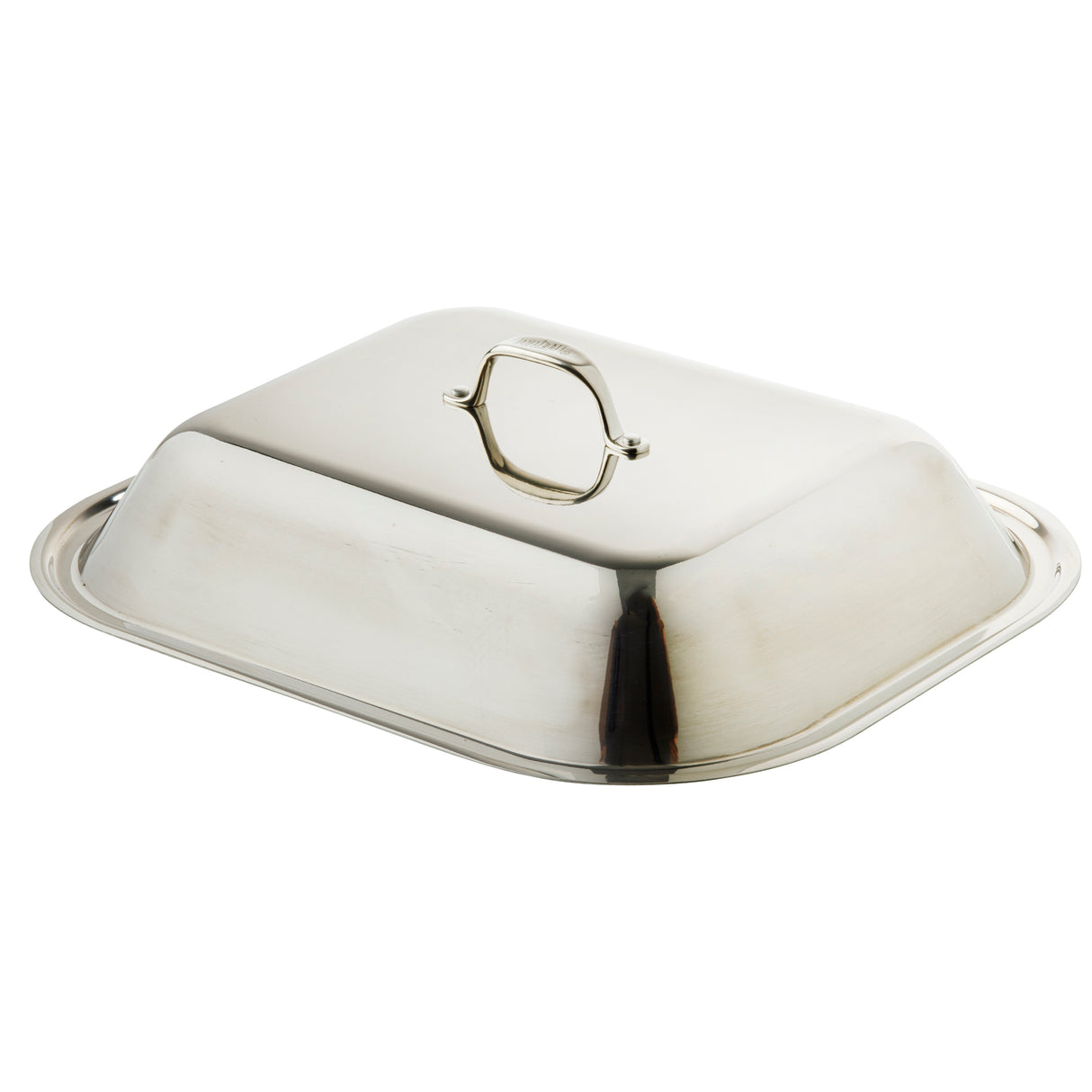 A shiny, rectangular stainless steel lid with a flat top and center handle. The cover has rounded edges and rests on a matching metal tray, reflecting light across its polished surface. It is also dishwasher safe for easy cleaning.