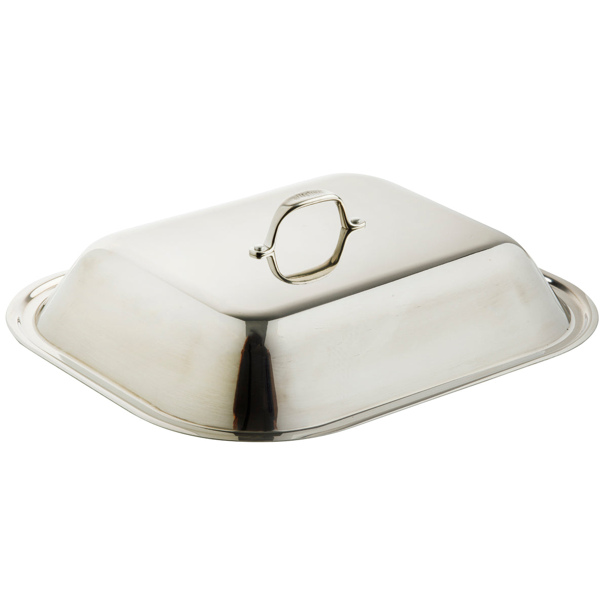 A shiny, rectangular stainless steel serving tray with a matching domed lid. The lid has a central handle for easy lifting, and both pieces are dishwasher safe with smooth, reflective surfaces. The tray’s slightly raised edges help prevent spills.