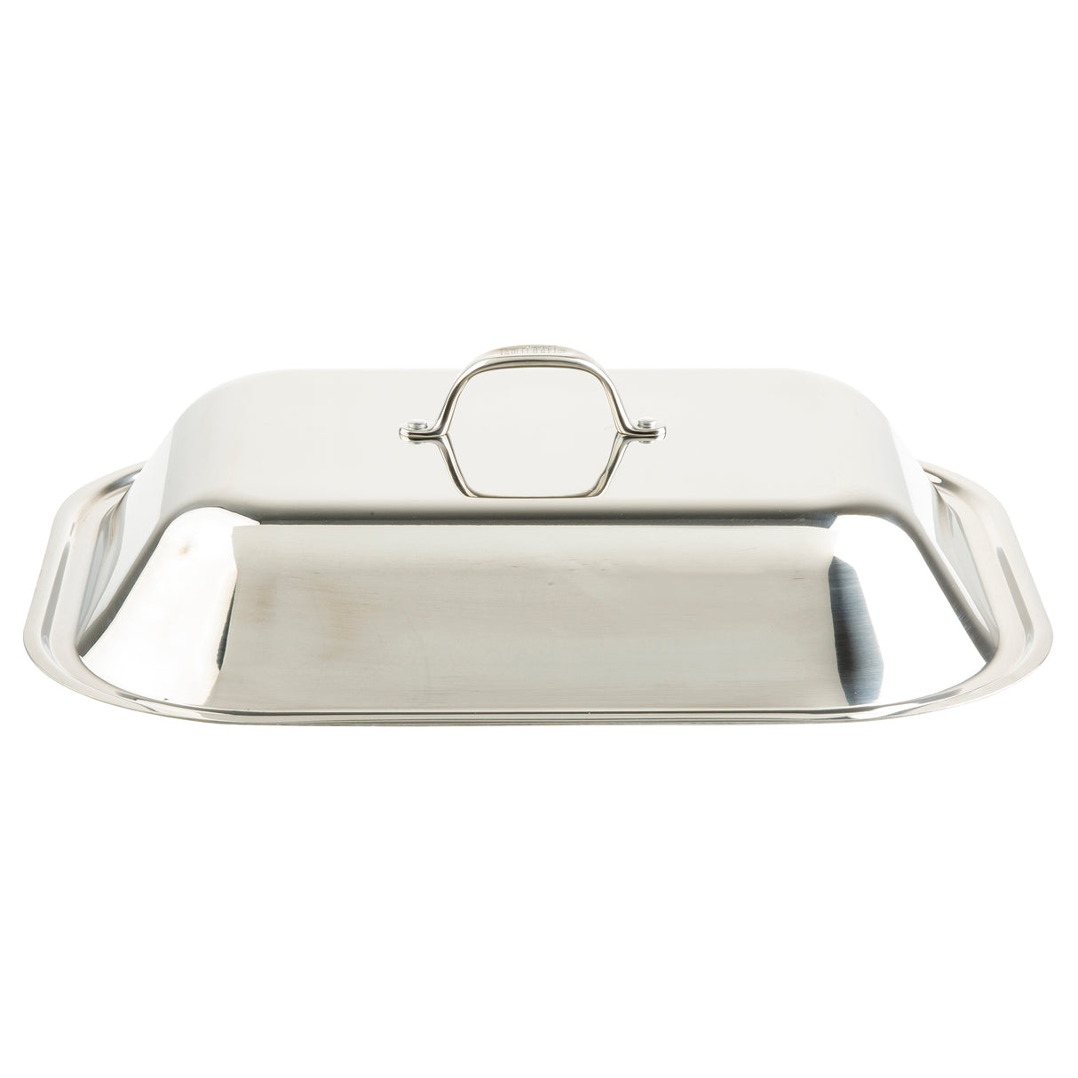 A shiny, rectangular tri-ply stainless steel butter dish with a matching lid. The lid features a central, curved handle for easy lifting, while the slightly raised edges and polished surface reflect light for a clean, modern look.