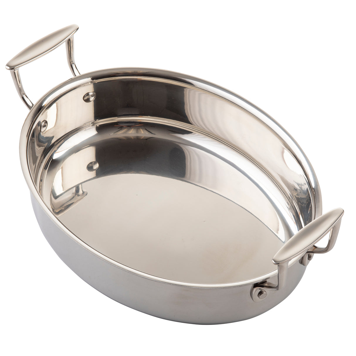 A shiny, oval-shaped stainless steel roasting pan with two sturdy, wide handles on opposite sides. The oven safe pan has a smooth, reflective surface and slightly angled sides, set against a plain white background.